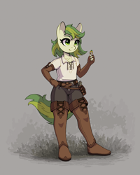 Size: 3200x4000 | Tagged: safe, artist:asimos, imported from derpibooru, oc, oc only, oc:karakusa, anthro, plantigrade anthro, belt, boots, female, filly, foal, hand on hip, jewelry, loot, ring, shoes, smiling, solo, thigh boots