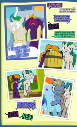 Size: 1920x3168 | Tagged: safe, artist:alexdti, imported from derpibooru, rainbow dash, oc, oc:brainstorm (alexdti), oc:purple creativity, oc:star logic, pegasus, pony, unicorn, comic:quest for friendship, ^^, barrel, comic, dialogue, eyes closed, female, folded wings, frown, glasses, glowing, glowing horn, grammar error, grin, head in hooves, high res, hoof hold, hooves, horn, lidded eyes, male, mare, mouth hold, nose in the air, one eye closed, open mouth, pegasus oc, plushie, raised eyebrow, raised hoof, roller coaster, shadow, smiling, speech bubble, stallion, standing, unicorn oc, volumetric mouth, wings