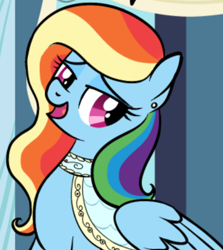 Size: 478x535 | Tagged: safe, artist:rainbow-hooves, edit, imported from derpibooru, rainbow dash, pegasus, pony, alternate hairstyle, bedroom eyes, clothes, cropped, dress, ear piercing, earring, female, jewelry, mare, marriage, piercing, rainbow dash always dresses in style, smiling, wedding, wedding dress, wings