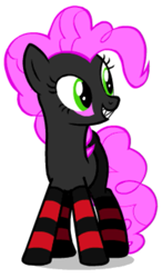Size: 377x647 | Tagged: safe, imported from derpibooru, oc, oc only, oc:pinkie tai, earth pony, pony, clothes, fangs, female, mare, shadow, simple background, socks, striped socks, white background