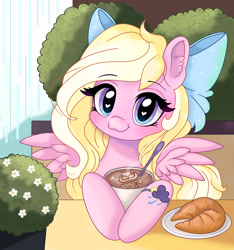 Size: 2808x3000 | Tagged: safe, artist:hummer, imported from derpibooru, oc, oc only, oc:bay breeze, pegasus, pony, bow, bracelet, bread, cafe, coffee, cottagecore, croissant, cute, female, food, hair bow, heart, heart eyes, hnnng, jewelry, looking at you, mare, pegasus oc, solo, weapons-grade cute, wingding eyes