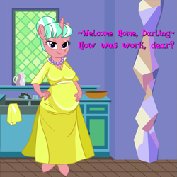 Size: 1013x1013 | Tagged: safe, anonymous artist, imported from derpibooru, stepford ponies, anthro, unguligrade anthro, unicorn, .svg available, breasts, cleavage, clothes, dress, eyelashes, female, hand on belly, hand on hip, housewife, indoors, jewelry, kitchen, necklace, pearl necklace, pregnant, sink, smiling, solo, svg, vector