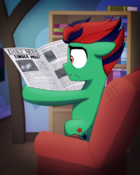 Size: 2048x2560 | Tagged: safe, artist:whitequartztheartist, imported from derpibooru, oc, oc only, earth pony, pony, bookshelf, fear, newspaper, solo