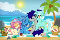 Size: 1200x806 | Tagged: safe, artist:jennieoo, imported from derpibooru, lyra heartstrings, oc, oc:gentle star, oc:maverick, oc:ocean soul, earth pony, pegasus, pony, unicorn, basket, beach, couple, cute, food, friends, happy, jewelry, laughing, lovers, lyrabetes, married couple, married couples doing married things, muffin, necklace, ocbetes, ocean, palm tree, picnic, picnic basket, picnic blanket, seaside, show accurate, sky, soulverick, sun, tree, vector, water