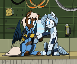 Size: 2070x1740 | Tagged: safe, artist:derpanater, imported from derpibooru, oc, oc:doll-e, oc:lug nut, android, bat pony, pony, robot, robot pony, aircraft, amputee, bat pony oc, commission, couple, cute, female, fire extinguisher, gynoid, looking at each other, looking at someone, prosthetic limb, prosthetics, radio, sitting, wrench