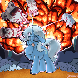 Size: 1200x1200 | Tagged: safe, artist:llametsul, imported from derpibooru, trixie, bear, pony, robot, unicorn, atg 2022, blast, boasting, colored, cool guys don't look at explosions, cute, diatrixes, explosion, eyes closed, eyeshadow, female, fight, giant robot, horn, magic, magic blast, makeup, mare, newbie artist training grounds, open mouth, open smile, plushie, smiling, solo, tail, talking, teddy bear