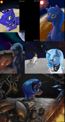 Size: 1613x3023 | Tagged: safe, artist:chickhawk96, imported from derpibooru, princess luna, alicorn, pony, astronaut, comparison, crying, female, moon, s1 luna, sad, solo, spaceship, spacesuit, wreckage