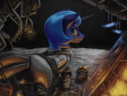 Size: 1200x900 | Tagged: safe, artist:chickhawk96, imported from derpibooru, princess luna, pony, astronaut, female, looking at you, looking back, looking back at you, moon, s1 luna, solo, spacesuit, wreckage