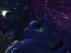 Size: 1600x1200 | Tagged: safe, artist:chickhawk96, imported from derpibooru, princess luna, alicorn, pony, crossed hooves, crying, female, looking up, lying down, mare, moon, on the moon, planet, prone, sad, solo, space