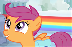Size: 1014x658 | Tagged: safe, imported from derpibooru, screencap, scootaloo, pegasus, pony, parental glideance, bag, cropped, cute, cutealoo, female, filly, foal, gritted teeth, looking up, saddle bag, smiling, solo, teeth