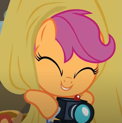Size: 521x528 | Tagged: safe, imported from derpibooru, screencap, scootaloo, parental glideance, bed sheets, camera, cropped, cute, cutealoo, eyes closed, smiling, solo