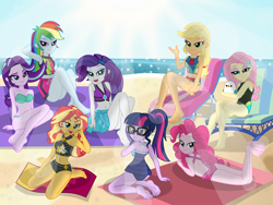 Size: 4000x3000 | Tagged: safe, artist:emeraldblast63, imported from derpibooru, applejack, fluttershy, pinkie pie, rainbow dash, rarity, sci-twi, starlight glimmer, sunset shimmer, twilight sparkle, bird, human, seagull, equestria girls, equestria girls series, forgotten friendship, mirror magic, spoiler:eqg specials, applejack's beach shorts swimsuit, arm behind head, ass, bare shoulders, barefoot, beach, beach chair, beach shorts swimsuit, beach towel, belly button, bikini, breasts, butt, chair, cleavage, clothes, feet, female, fluttershy's one-piece swimsuit, g5, humane five, humane seven, humane six, lying down, midriff, my little pony: tell your tale, prone, rainbow dash's beach shorts swimsuit, sarong, sci-twibutt, sexy, sleeveless, soles, sunset shimmer's beach shorts swimsuit, swimsuit, the pose