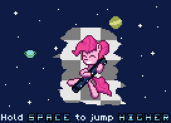 Size: 952x686 | Tagged: safe, artist:nitobit, imported from derpibooru, pinkie pie, earth pony, pony, female, mare, pixel art, planet, pun, solo, space, stars, text