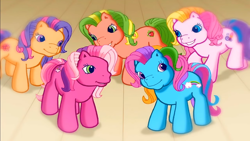 Size: 1280x720 | Tagged: safe, imported from derpibooru, screencap, applejack (g3), cheerilee (g3), rainbow dash (g3), scootaloo (g3), toola roola, earth pony, pony, meet the ponies, cute, female, flashback, g3, g3 cheeribetes, g3 cutealoo, g3 dashabetes, g3 jackabetes, grin, group, mare, open mouth, open smile, quintet, roolabetes, smiling, stage, starsong's dance & sing party