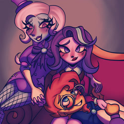 Size: 2048x2048 | Tagged: safe, artist:haanahaki, imported from derpibooru, starlight glimmer, sunburst, trixie, human, equestria girls, bisexual, blushing, female, fishnets, g4, glasses, holding hands, lesbian, lesbian in front of boys, lipstick, male, polyamory, shipping, starburst, startrix, startrixburst, straight, trio, trixburst