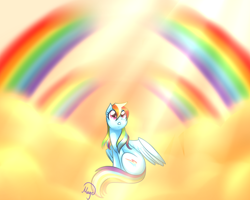 Size: 1024x819 | Tagged: safe, artist:lethalauroramage, imported from derpibooru, rainbow dash, pegasus, pony, cloud, double rainbow, female, looking up, mare, on a cloud, rainbow, sitting, solo