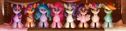 Size: 4500x1133 | Tagged: safe, artist:neonishe, imported from derpibooru, izzy moonbow, pinkie pie, pipp petals, rainbow dash, rarity, sunny starscout, twilight sparkle, zipp storm, alicorn, earth pony, pegasus, pony, unicorn, banner, complex background, eyebrows, female, folded wings, g4, g5, heart, heart eyes, high res, mare, octet, plushie, pony plushie, raised eyebrow, smiling, smirk, spread wings, tongue out, twilight sparkle (alicorn), wingding eyes, wings