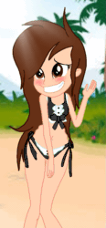 Size: 433x934 | Tagged: safe, artist:darkplayerferraz269, imported from derpibooru, oc, oc:katherine, human, equestria girls, animated, beach, belly button, bikini, blushing, clothes, female, gif, hungry, monochrome, solo, stomach growl, stomach noise, swimsuit