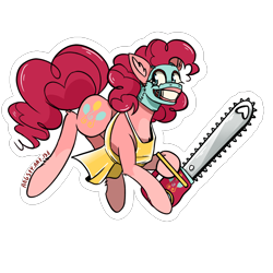 Size: 2826x2826 | Tagged: safe, alternate version, artist:angsty-artist, imported from derpibooru, pinkie pie, rainbow dash, pony, alternate design, apron, body horror, bubba sawyer, chainsaw, clothes, face mask, female, horror, implied cupcakes, leather, leatherface, mask, movie reference, outlined, simple background, skinned, slasher, smiling, solo, texas chainsaw, the implications are horrible, the texas chainsaw massacre, this will end in cupcakes