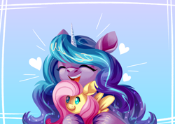 Size: 3000x2122 | Tagged: safe, artist:neonishe, imported from derpibooru, fluttershy, izzy moonbow, pegasus, pony, unicorn, cute, daaaaaaaaaaaw, eyes closed, female, fluttershy plushie, g4, g5, happy, heart, izzybetes, mare, open mouth, open smile, plushie, smiling, unshorn fetlocks
