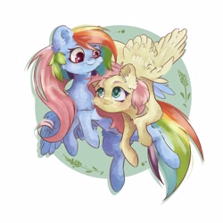 Size: 4000x4000 | Tagged: safe, artist:colorbrush, imported from derpibooru, fluttershy, rainbow dash, pegasus, pony, abstract background, absurd resolution, cheek fluff, chest fluff, duo, ear fluff, female, flying, looking at each other, looking at someone, mare, smiling, spread wings, wings