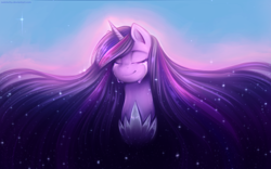 Size: 1920x1200 | Tagged: safe, artist:jadekettu, imported from derpibooru, twilight sparkle, alicorn, pony, the last problem, 2019, armor, breastplate, bust, crying, digital art, ethereal mane, eyes closed, female, long mane, mare, old art, older, older twilight, princess twilight 2.0, smiling, solo, starry mane, twilight sparkle (alicorn)