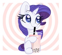 Size: 1024x913 | Tagged: safe, artist:lbrcloud, imported from derpibooru, part of a set, rarity, pony, unicorn, abstract background, bubble tea, drink, drinking straw, smiling, solo, straw