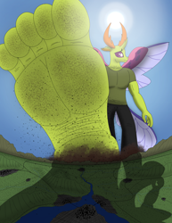 Size: 2222x2878 | Tagged: safe, artist:az12lol, imported from derpibooru, thorax, anthro, changedling, changeling, barefoot, barefooting, big feet, crush fetish, crushing, dirt, dirty, dirty feet, feet, fetish, foot fetish, foot focus, king thorax, legs, macro, male, male feet, mega giant, pictures of legs, soles, solo, toes
