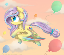 Size: 2300x2000 | Tagged: safe, artist:meotashie, imported from derpibooru, oc, oc only, oc:stardust, pegasus, pony, balloon, cloud, colored wings, female, flying, mare, multicolored wings, pegasus oc, rainbow power, rainbow power-ified, smiling, solo, wings