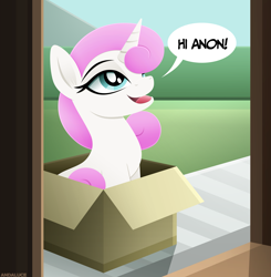 Size: 3393x3457 | Tagged: safe, artist:andaluce, imported from derpibooru, twinkleshine, pony, unicorn, background pony, box, bronybait, female, lineless, mare, pony in a box, smiling, solo, speech bubble