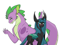 Size: 3365x2535 | Tagged: safe, artist:nightlight2005, imported from derpibooru, queen chrysalis, spike, changeling, changeling queen, adult, adult spike, blushing, chryspike, crack shipping, female, flirting, high res, male, older, older spike, shipping, simple background, straight, white background