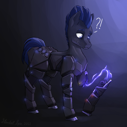 Size: 3800x3800 | Tagged: safe, artist:stardustspix, imported from derpibooru, oc, oc only, oc:disthene, earth pony, pony, cybernetic eyes, cybernetic legs, electricity, freckles, prosthetics, solo, sternocleidomastoid, surprised