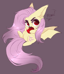 Size: 1280x1468 | Tagged: safe, artist:cloud-fly, imported from derpibooru, fluttershy, bat pony, pony, apple, bat ponified, chibi, flutterbat, food, race swap, simple background, solo