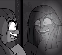 Size: 3330x2949 | Tagged: safe, artist:ponywarlord777, imported from derpibooru, pinkie pie, earth pony, pony, black and white, dr jekyll and mr hyde, evil, grayscale, mirror, monochrome, pinkamena diane pie, reflection, solo