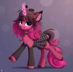 Size: 2000x1958 | Tagged: safe, artist:luminousdazzle, imported from derpibooru, oc, oc only, oc:garnet midnight, pony, unicorn, blue eyes, choker, clothes, cute, ear fluff, female, glowing, glowing horn, horn, mare, ocbetes, raffle prize, simple background, skirt, smiling, solo, unicorn oc, unshorn fetlocks