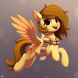 Size: 2000x2000 | Tagged: safe, artist:luminousdazzle, imported from derpibooru, oc, oc only, oc:coma blitz, pegasus, pony, clothes, female, flying, looking at you, mare, pegasus oc, raffle prize, scarf, simple background, smiling, smiling at you, solo, striped scarf