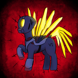 Size: 1323x1323 | Tagged: safe, artist:laykeen, derpibooru exclusive, imported from derpibooru, pegasus, pony, robot, robot pony, amputee, armor, artificial wings, augmented, blood, cables, one eyed, prosthetic limb, prosthetic wing, prosthetics, solo, spread wings, ultrakill, ultrakill v1, v1 (ultrakill), wings