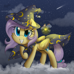 Size: 2300x2300 | Tagged: safe, artist:meotashie, imported from derpibooru, oc, oc only, oc:stardust, pegasus, pony, cape, clothes, costume, female, grin, hat, pegasus oc, shooting star, smiling, solo, witch hat