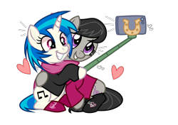 Size: 3158x2222 | Tagged: safe, artist:cheekycheesefan101, artist:idkhesoff, imported from derpibooru, dj pon-3, octavia melody, vinyl scratch, earth pony, pony, unicorn, base used, clothes, cute, duo, female, grin, heart, hug, iphone, lesbian, mare, scarf, scratchtavia, selfie, selfie stick, shared clothing, shared scarf, shipping, simple background, sitting, smiling, socks, sweater, tavibetes, transparent background, vinylbetes