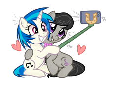 Size: 3158x2222 | Tagged: safe, alternate version, artist:cheekycheesefan101, artist:idkhesoff, imported from derpibooru, dj pon-3, octavia melody, vinyl scratch, earth pony, pony, unicorn, base used, cute, duo, female, grin, heart, hug, iphone, lesbian, mare, scratchtavia, selfie, selfie stick, shipping, simple background, sitting, smiling, tavibetes, transparent background, vinylbetes