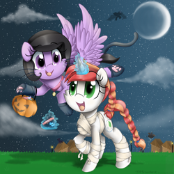 Size: 2300x2300 | Tagged: safe, artist:meotashie, imported from derpibooru, oc, oc only, pegasus, pony, unicorn, clothes, costume, duo, female, horn, night, paw pads, paw socks, pegasus oc, pumpkin bucket, unicorn oc