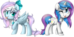 Size: 2154x1076 | Tagged: safe, artist:meotashie, imported from derpibooru, oc, oc only, pegasus, pony, unicorn, duo, female, horn, one eye closed, pegasus oc, simple background, tongue out, transparent background, unicorn oc, wink