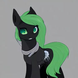 Size: 512x512 | Tagged: safe, imported from derpibooru, oc, pegasus, pony, ai content, ai generated, black coat, clothes, cute, generator:stable diffusion, gray background, green eyes, long mane, looking at you, male, scarf, simple background, solo, stallion