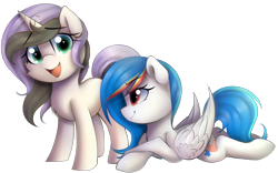 Size: 2000x1250 | Tagged: safe, artist:meotashie, imported from derpibooru, oc, oc only, pegasus, pony, unicorn, duo, female, horn, pegasus oc, simple background, transparent background, unicorn oc