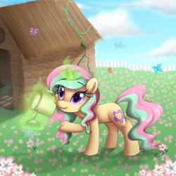 Size: 2000x2000 | Tagged: safe, artist:meotashie, imported from derpibooru, oc, oc only, pony, unicorn, female, flower, glowing, glowing horn, horn, solo, unicorn oc, watering can