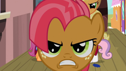 Size: 1920x1080 | Tagged: safe, imported from derpibooru, screencap, applejack, babs seed, scootaloo, sweetie belle, earth pony, pegasus, pony, unicorn, one bad apple, season 3, 1080p, angry, applejack is not amused, babs seed is not amused, close-up, female, filly, foal, freckles, glare, gritted teeth, looking at you, mare, narrowed eyes, offscreen character, solo focus, teeth, train station, unamused