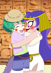 Size: 904x1280 | Tagged: artist needed, source needed, safe, imported from derpibooru, spike, human, blushing, cleopatra, clothes, crossover, dc comics, duo, egyptian, egyptian headdress, explorer outfit, hug, human spike, humanized, smiling, tail, tailed humanization, zatanna, zataspike, zee zatara