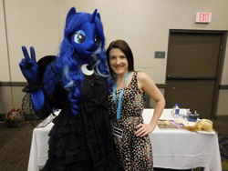 Size: 4608x3456 | Tagged: safe, artist:bramble bunny, imported from derpibooru, princess luna, anthro, human, clothes, cosplay, costume, hand on hip, irl, irl human, kelly sheridan, pacific ponycon, pacific ponycon 2017, peace sign, photo, voice actor