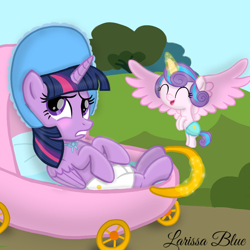 Size: 900x900 | Tagged: safe, artist:mlplary6, imported from derpibooru, princess flurry heart, twilight sparkle, alicorn, pony, aunt, aunt and niece, auntie twilight, baby, baby carriage, blushing, diaper, eyes closed, female, filly, foal, mare, role reversal, smiling, twilight sparkle (alicorn)