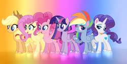 Size: 5000x2521 | Tagged: safe, artist:thomasray000, imported from derpibooru, applejack, fluttershy, pinkie pie, rainbow dash, rarity, twilight sparkle, alicorn, earth pony, pegasus, pony, unicorn, my little pony: pony life, applejack's hat, cowboy hat, female, g4, g4.5, g4.5 to g4, generation leap, gradient background, hat, mane six, redesign, twilight sparkle (alicorn), unshorn fetlocks